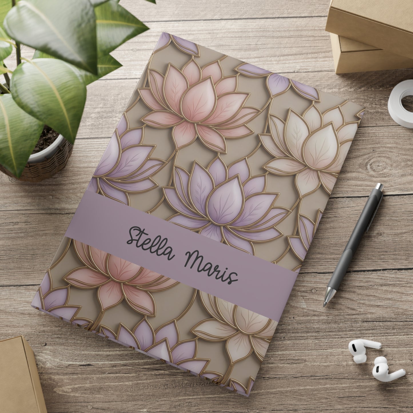 Personalized Stained Glass Lotus Blossom Hardcover Notebook — Custom Name and Affirmation Puffy Cover Journal.
