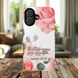 You will Renew your Strength Isaiah 40:11, Inspirational Gift, Tough iPhone Magnetic Case Scripture, Floral Bible Verse, MagSafe® iPhone®, iPhone 14, iPhone 15, iPhone 16, Pro, Pro Max, Plus.