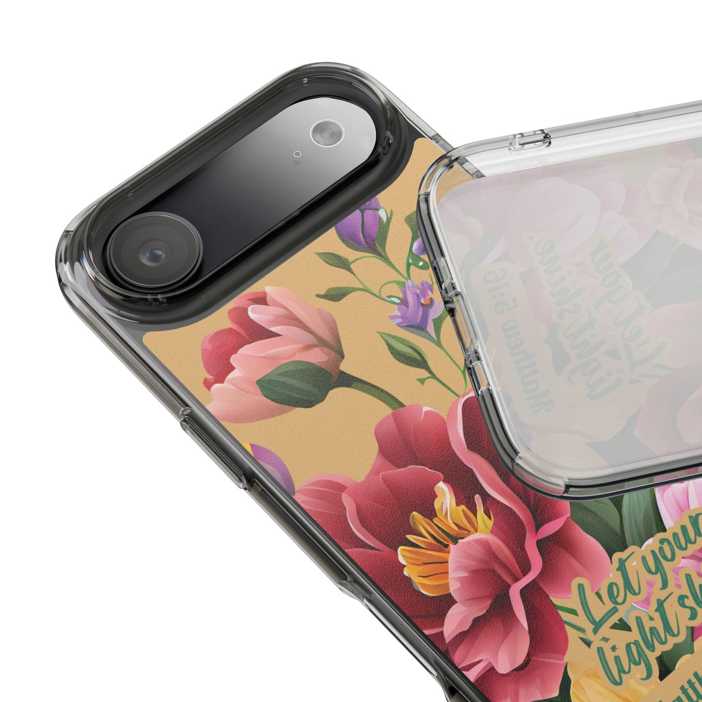 Clear Floral Bible Verse Phone Case — "Let Your Light Shine" (Matthew 5:16) for iPhone and Samsung Cases.