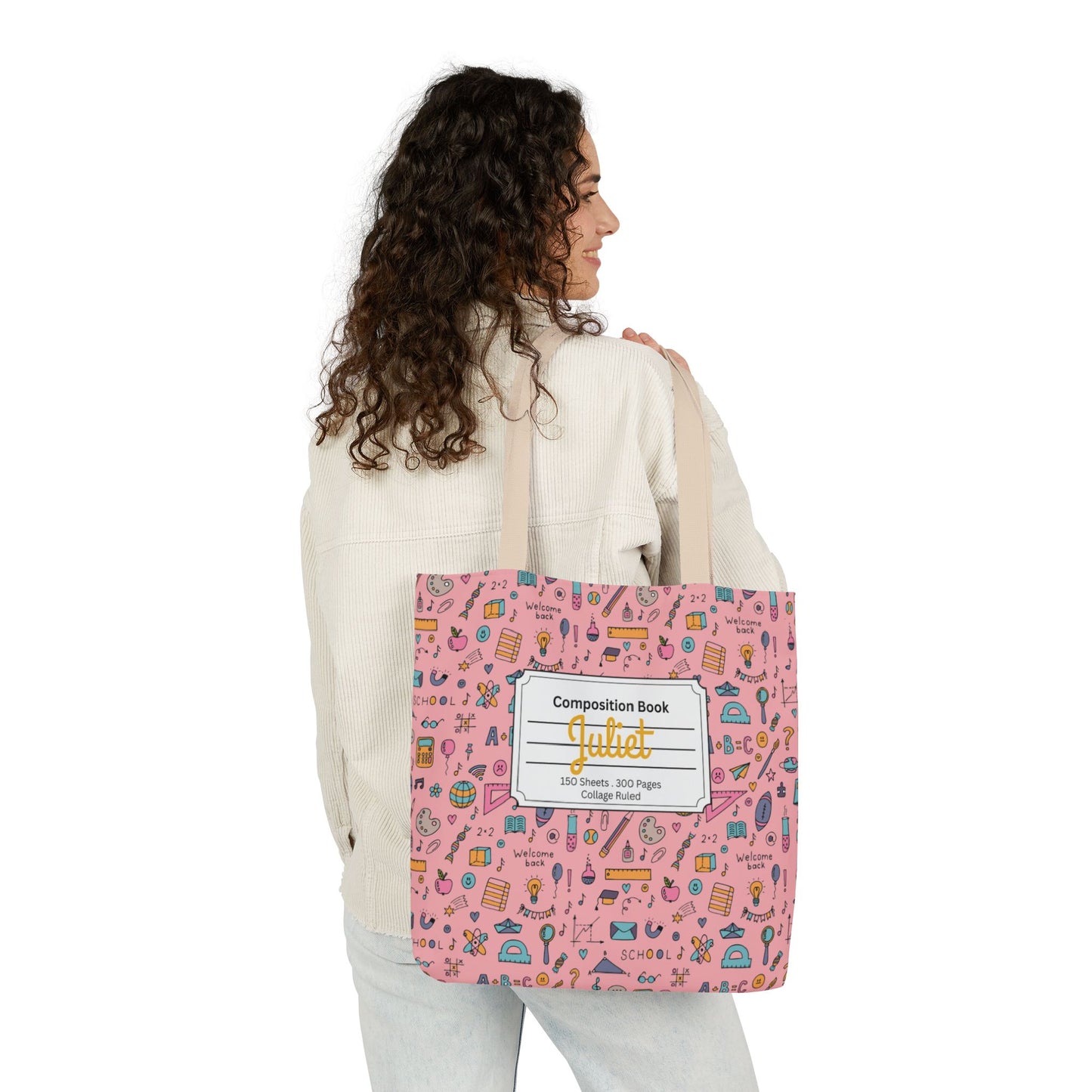 Personalized Pink Chalkboard Chic Composition Book Inspired Canvas Tote Bag with Colorful Straps, Cute School Bag, Eco-Friendly Tote, Back to School Shopping Bag, Teacher Gift Idea