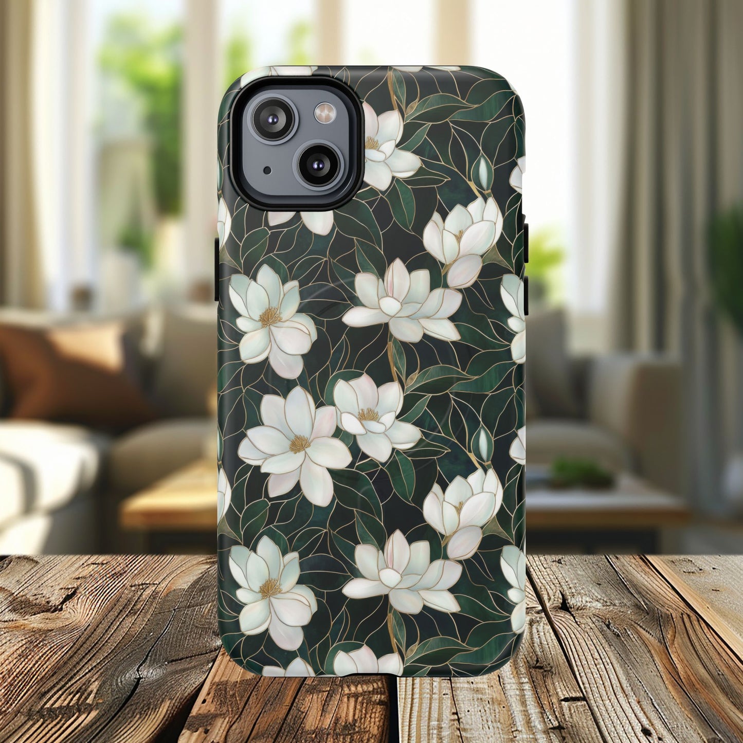 Midnight Magnolia Tough iPhone Magnetic Case, Stylish Stained Glass iPhone Protection, Nature Lover Gift, Spring Vibes