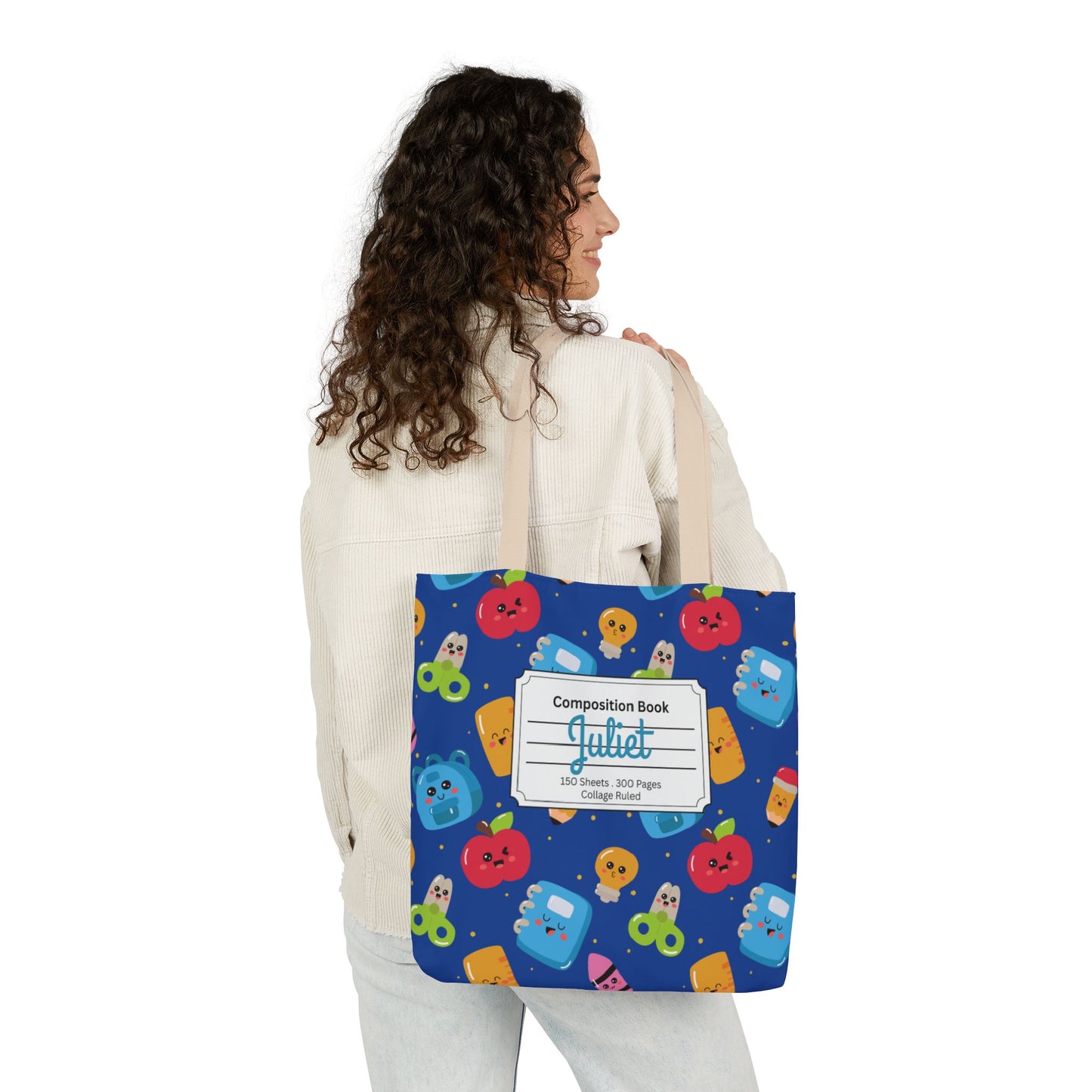 Personalized Blue Kawaii Composition Book Inspired Canvas Tote Bag with Colorful Straps, Cute School Bag, Eco-Friendly Tote, Back to School Shopping Bag, Teacher Gift Idea