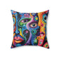 Psychedelic Visions Colorful Artistic Square Pillow | Vibrant Abstract Faces & Patterns Decor.