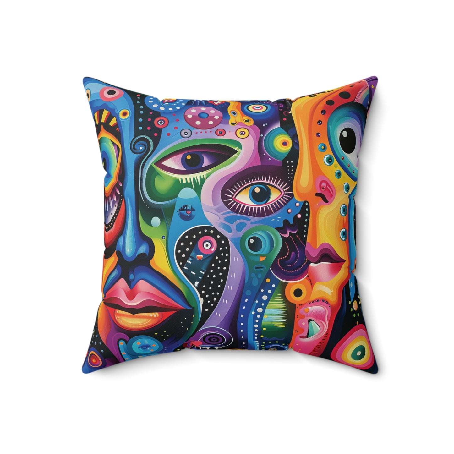 Psychedelic Visions Colorful Artistic Square Pillow | Vibrant Abstract Faces & Patterns Decor.