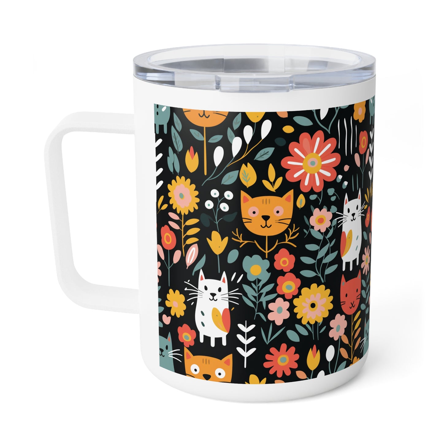 Whimsical Feline Garden Insulated Coffee Mug, 10oz