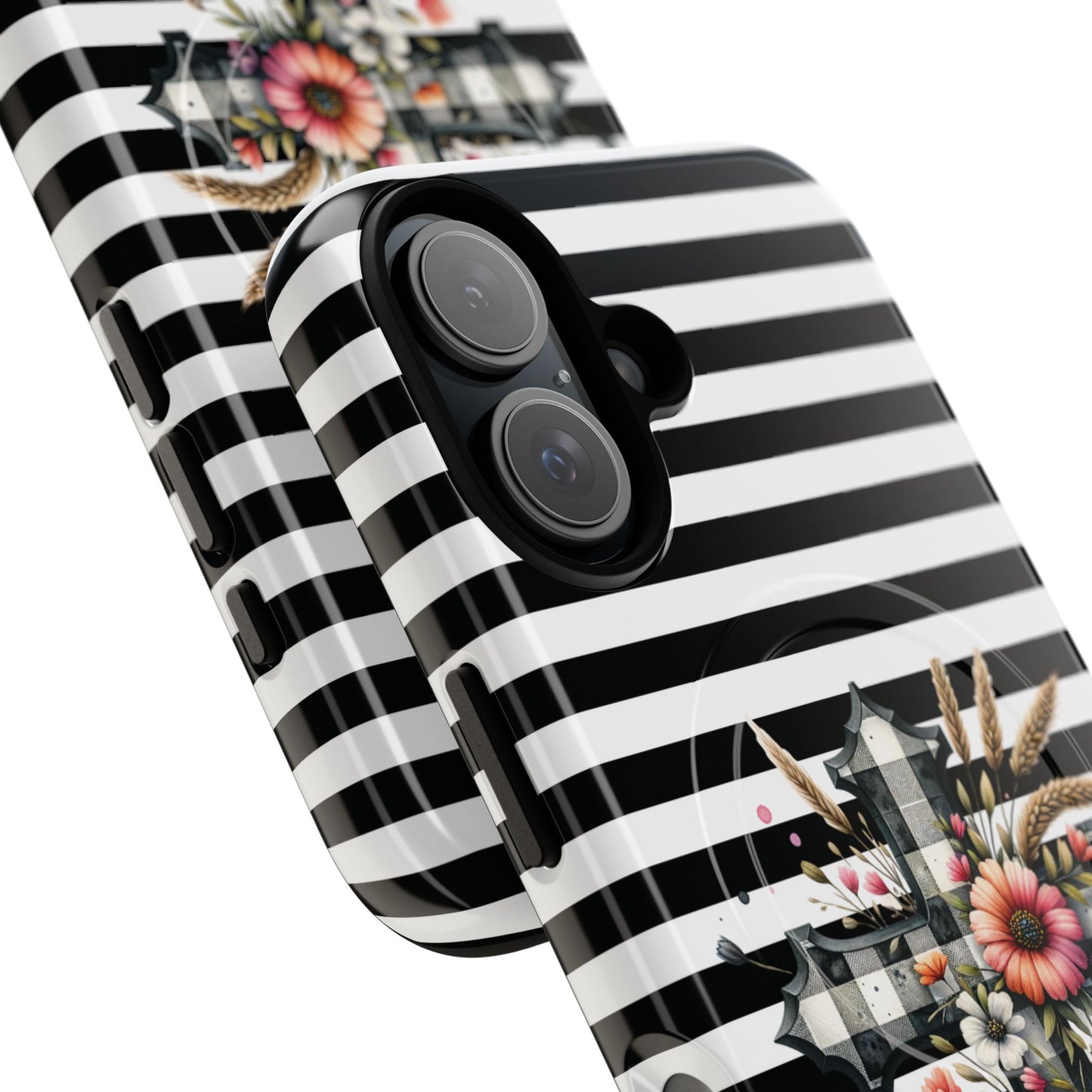 Grace in Bloom Tough Magnetic iPhone Case with Floral Cross Design, Boho iPhone Cover, Striped iPhone Case, Unique Religious Gift, Trendy Cell iPhone Accessory.