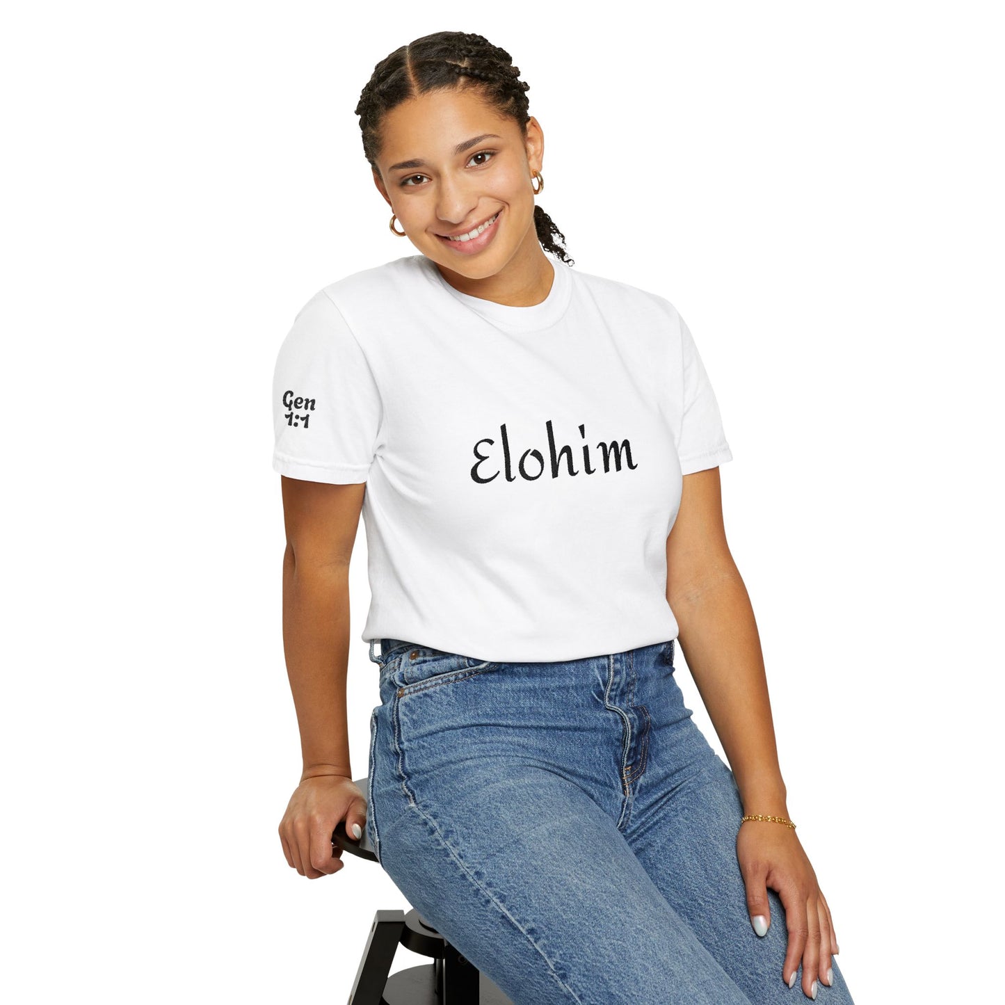 Embroidery 'ELOHIM, GENESIS 1:1' - Faith-Based Unisex Garment-Dyed Comfort Colors T-shirt, Faith Gift Tee, Religious Tee, Embroidery Tee.