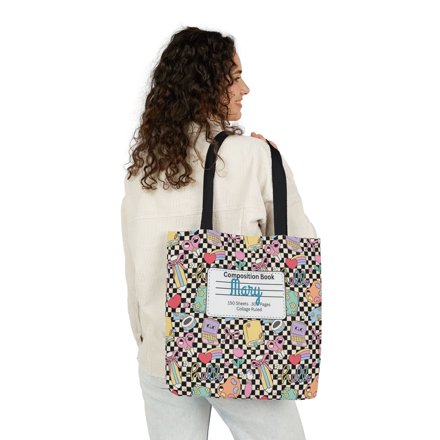 Personalized Black Doodle Daydream Composition Book Inspired Canvas Tote Bag with Colorful Straps, Cute School Bag, Eco-Friendly Tote, Back to School Shopping Bag, Teacher Gift Idea