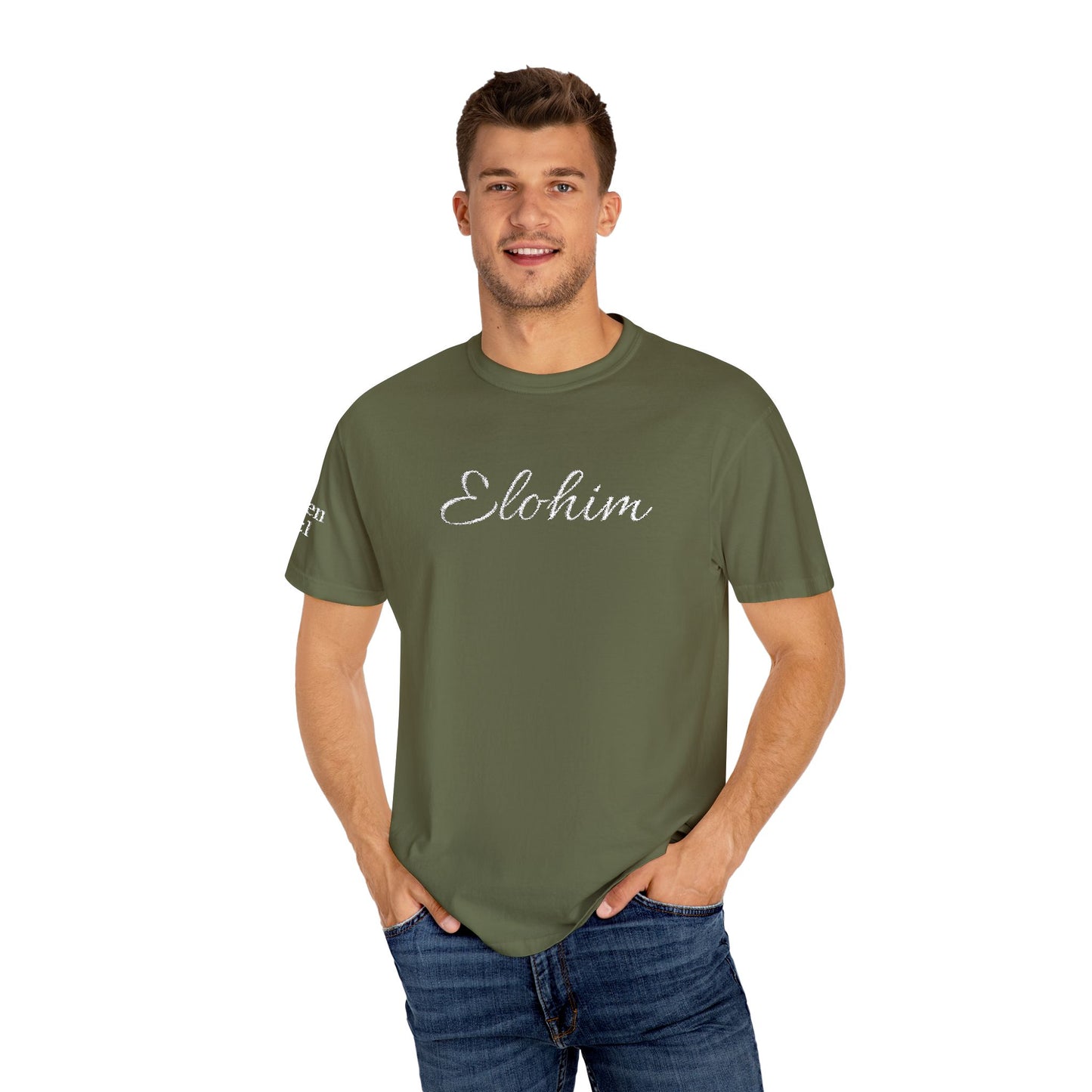 Embroidery 'ELOHIM, GENESIS 1:1' - Faith-Based Unisex Garment-Dyed Comfort Colors T-shirt, Faith Gift Tee, Religious Tee, Embroidery Tee.