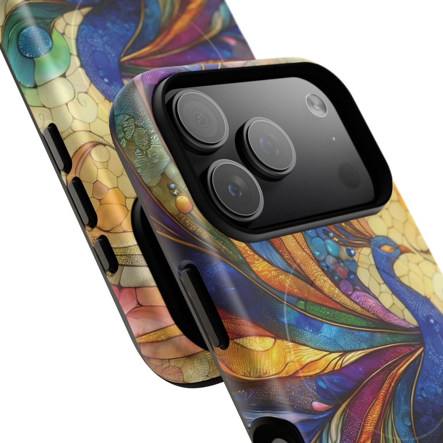 Mosaic Peacock Feathers Magnetic Phone Case, Tough Phone Shell, Vibrant Art Case, Gift for Her, Unique Phone Accessory, Wildlife Lover's Gift, Stained Glass Case.