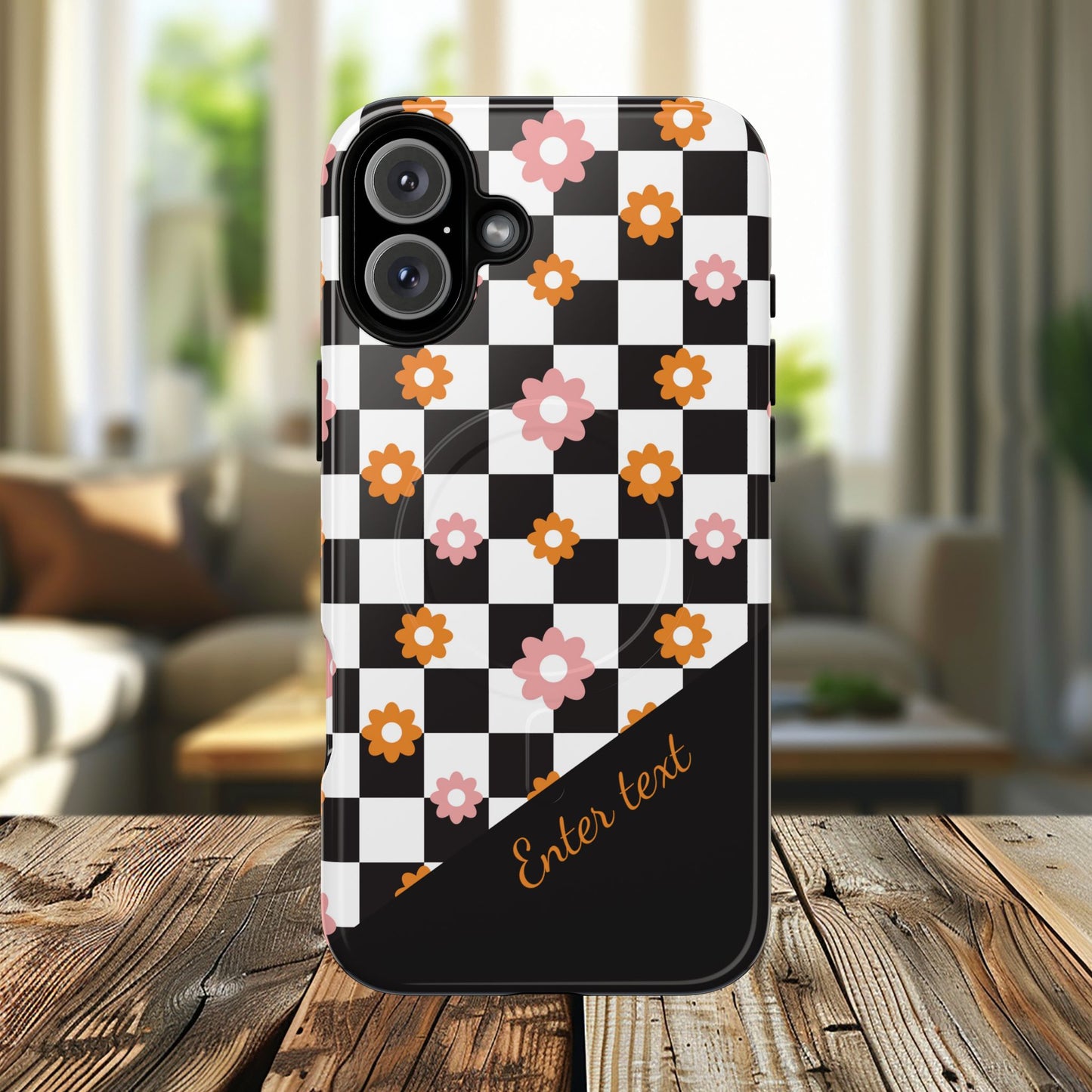 Groovy Checkered Bloom iPhone Case, Tough Magnetic Cases for Women, Stylish iPhone Cover, Trendy Floral Print, Gift for Her, Everyday Accessories
