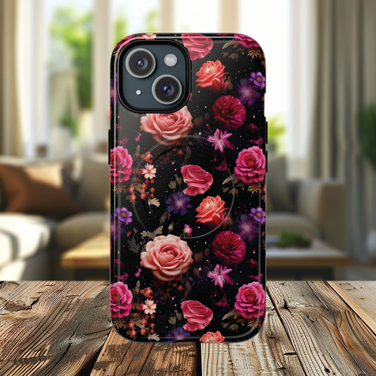 Starry Rose Garden Tough Magnetic Phone Case, Stylish Phone Cover, Gift for Her, Elegant Floral Design, Durable Phone Accessories