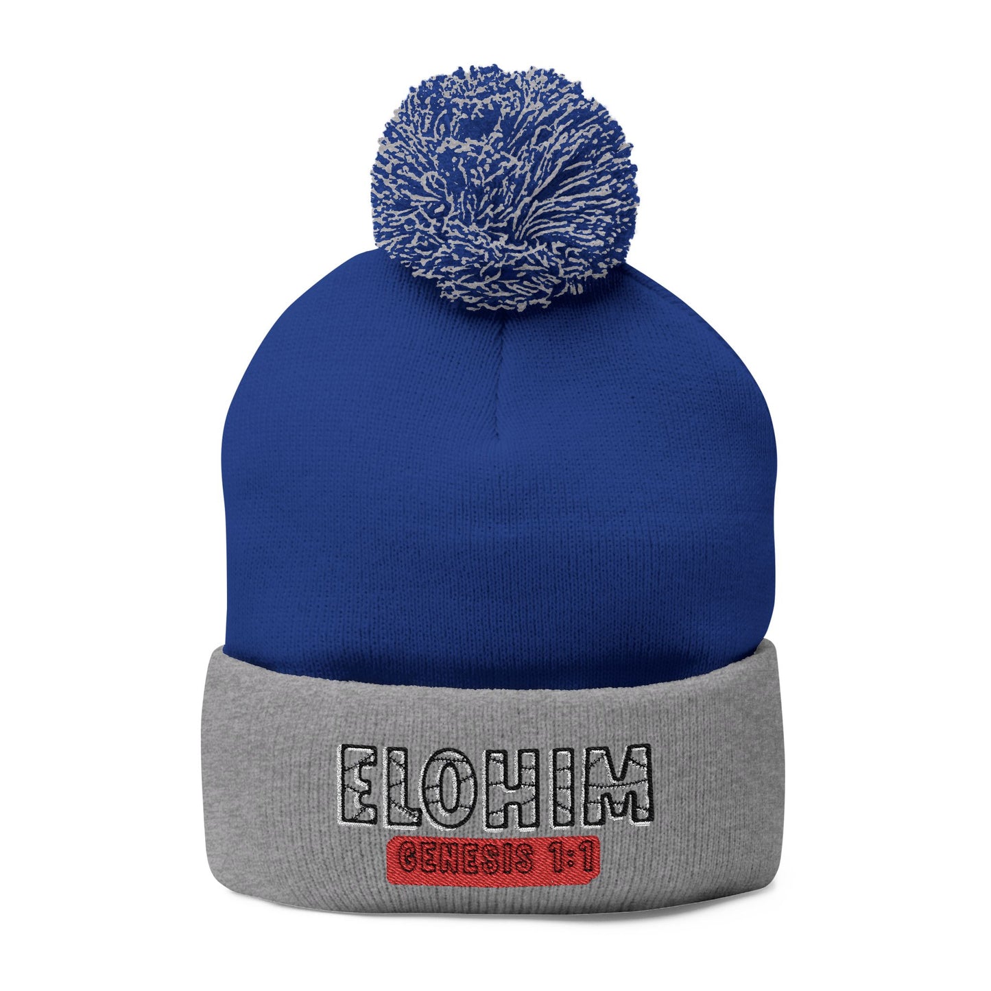 Cozy Pom-Pom Knit Cap with 'ELOHIM, GENESIS 1:1'  Embroidery Beanie - Stylish Winter Accessory for All Ages, Perfect Gift for Birthdays, Holidays, and Outdoor Activities