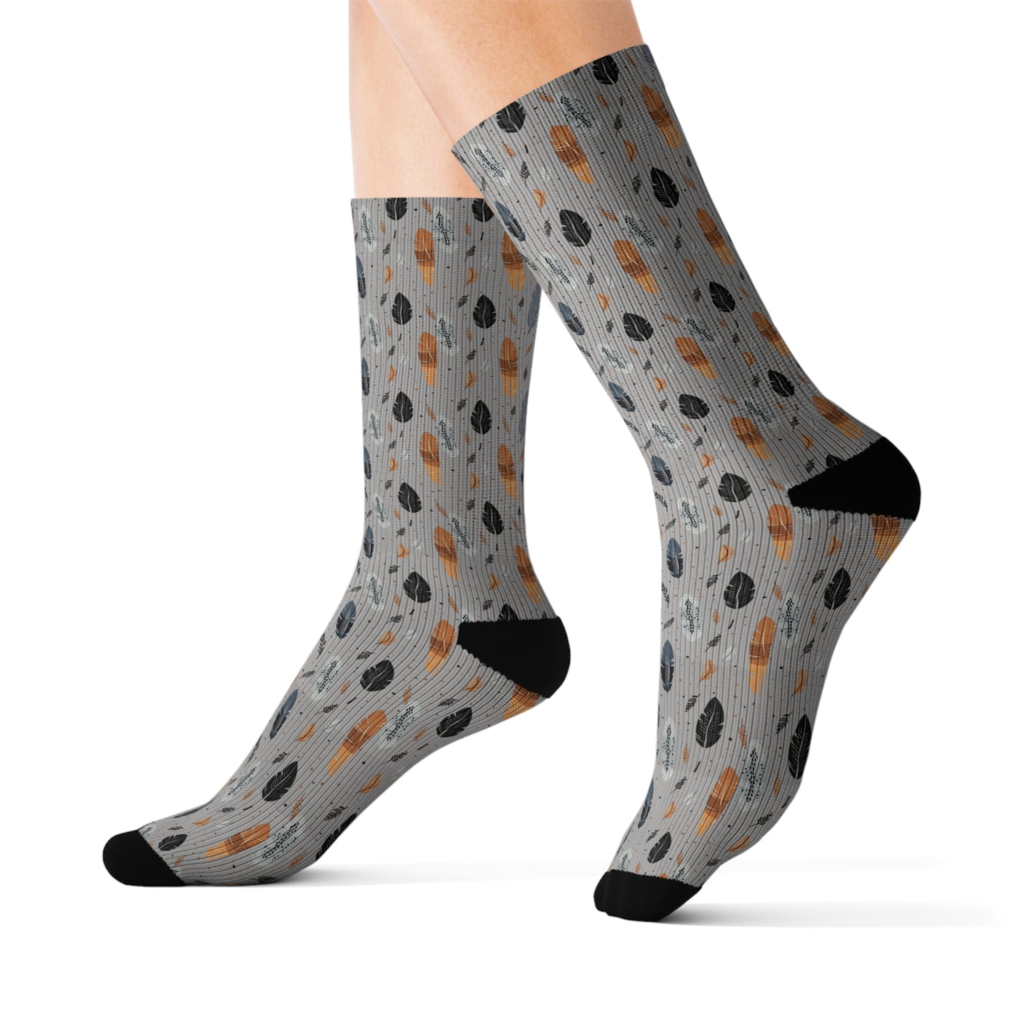 Whispering Feathers Grey Sublimation Socks - High-Quality Comfort with Stylish Sublimated Print