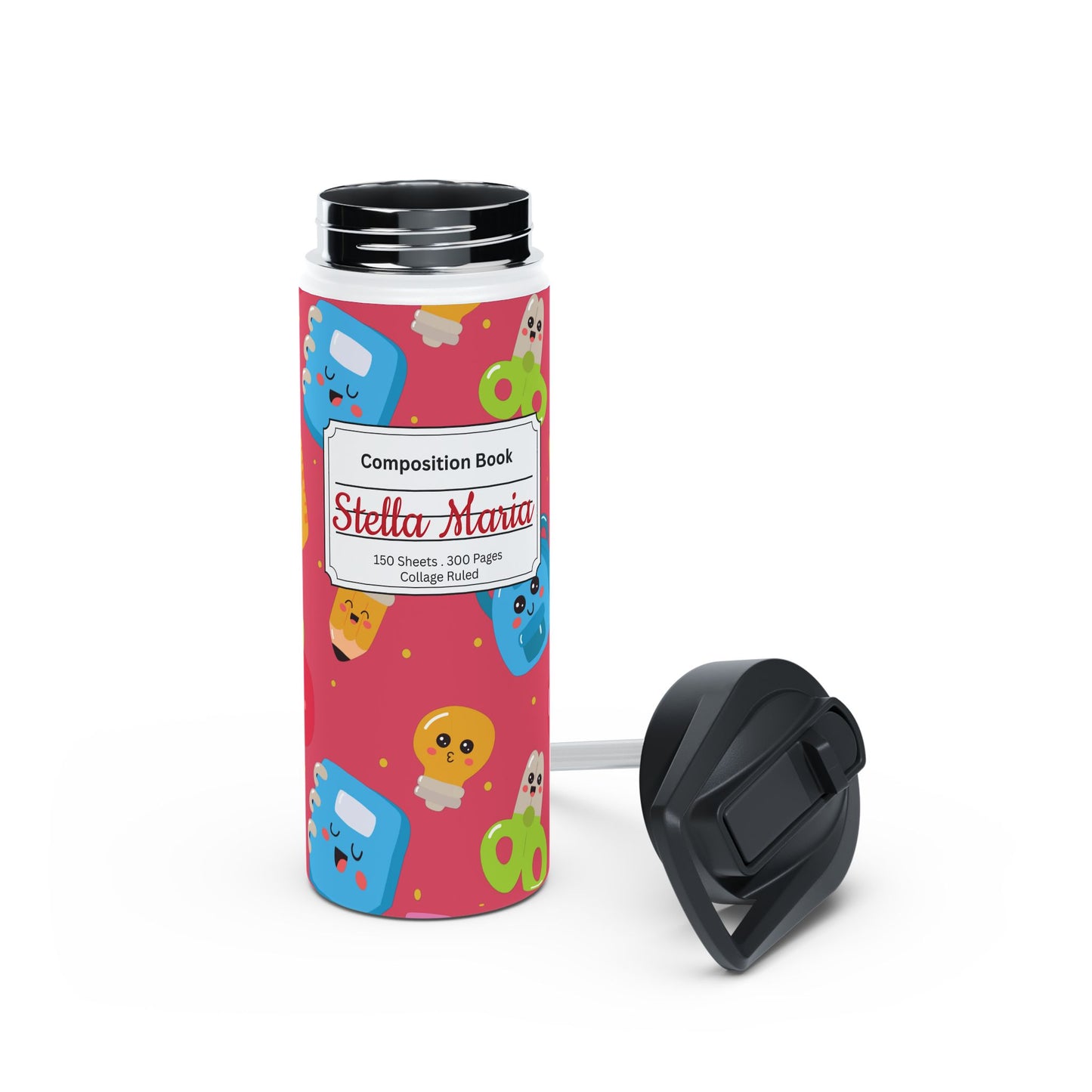 Personalized Kawaii Composition Book Inspired Stainless Steel Water Bottle for Kids, School Supplies, Eco-Friendly Drinkware, Back to School, Teacher Gifts