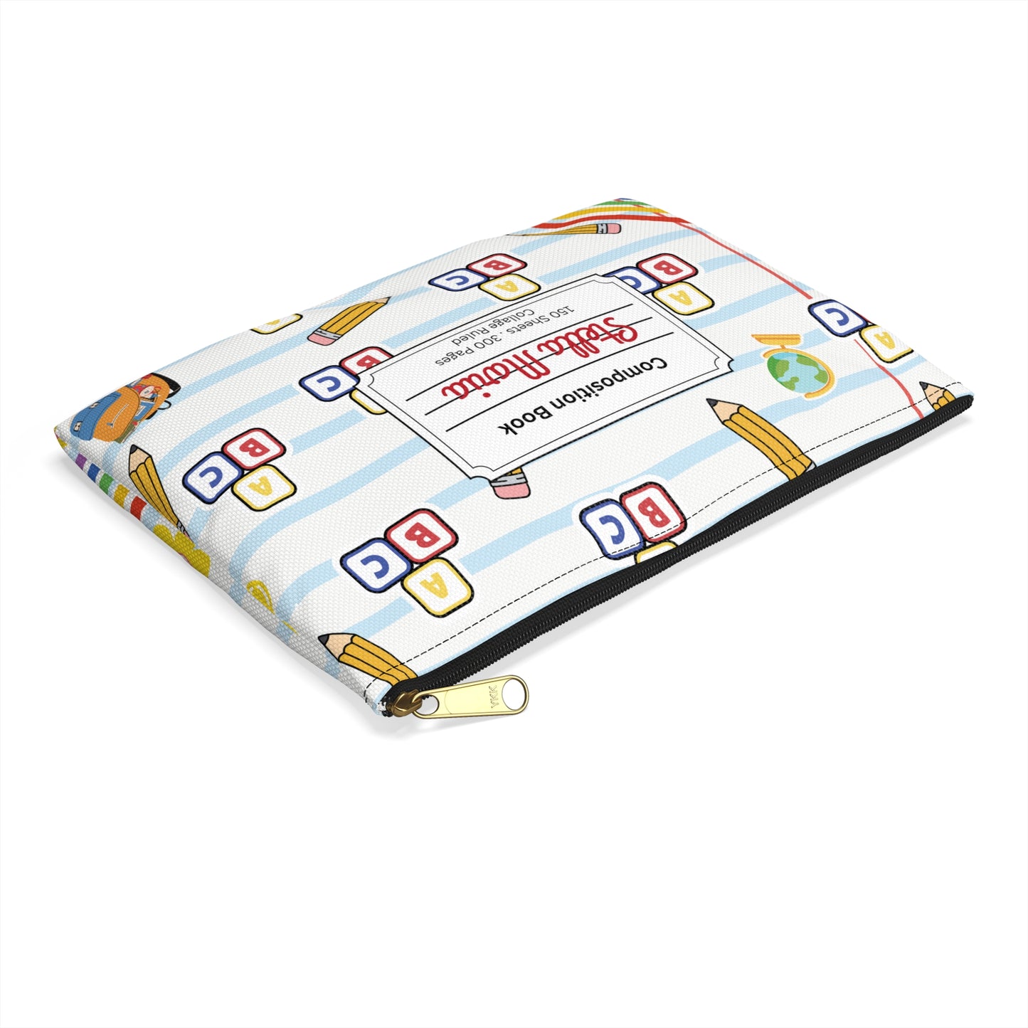 Personalized White SchoolYard Chic Composition Book Inspired Accessory Pouch, Kids School Supplies, Classroom Organizer, Teacher Gift, Fun Stationery Case, Back to School
