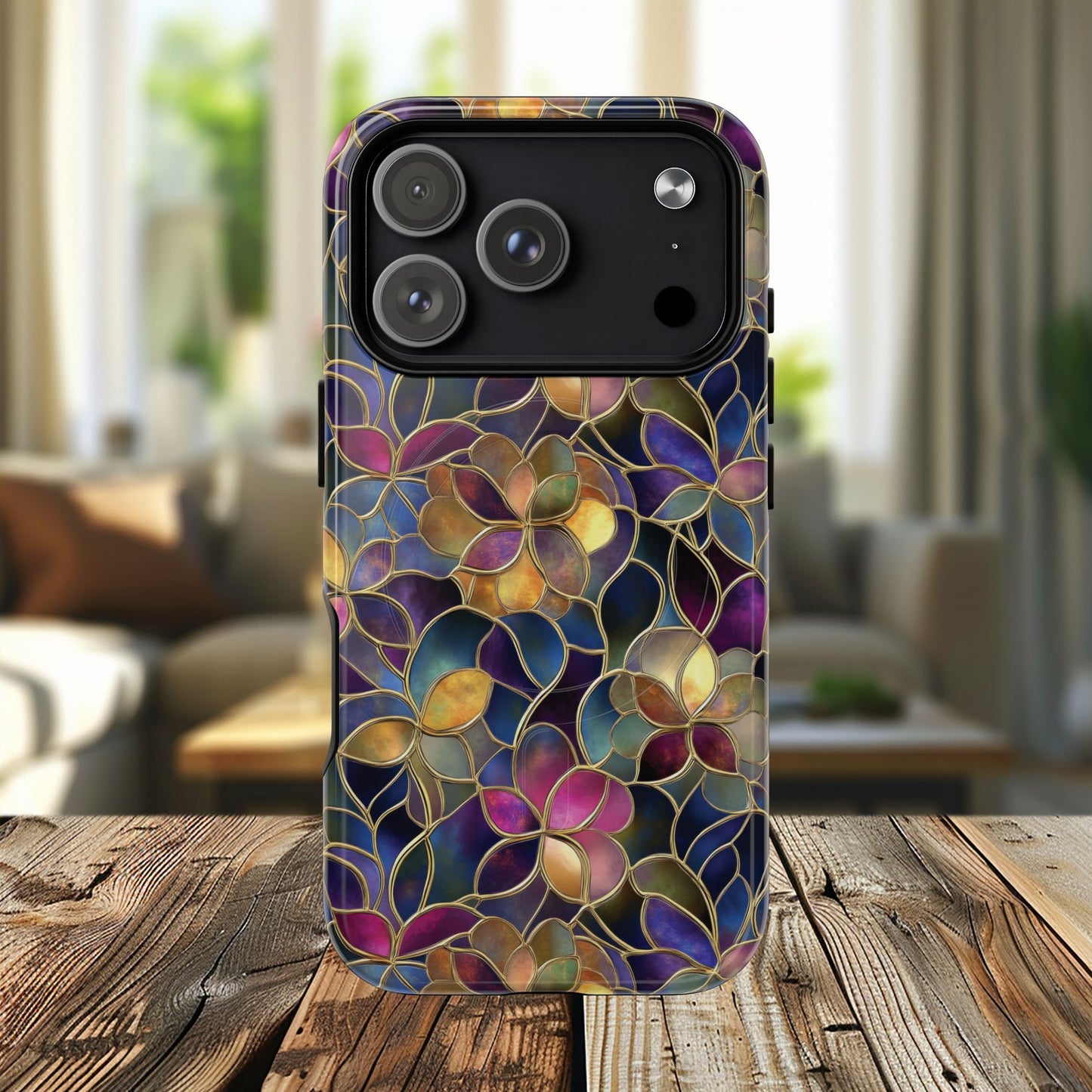 Chromatic Bloom Tough iPhone Magnetic Case, Tough iPhone Cover, Floral iPhone Accessory, Birthday Gift, Elegant Tech Decor, MagSafe Stained Glass Pattern.