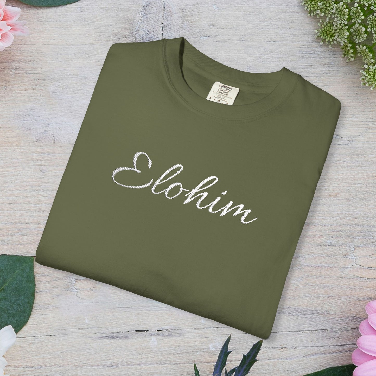 Embroidery 'ELOHIM, GENESIS 1:1' - Faith-Based Unisex Garment-Dyed Comfort Colors T-shirt, Faith Gift Tee, Religious Tee, Embroidery Tee.