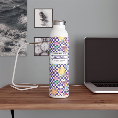 Personalized Composition Purple Doodle Daydream Book Inspired Slim Water Bottle, Customizable Drinkware, Eco-Friendly Hydration Bottle, Perfect for Gifts, School Supplies, Back to School