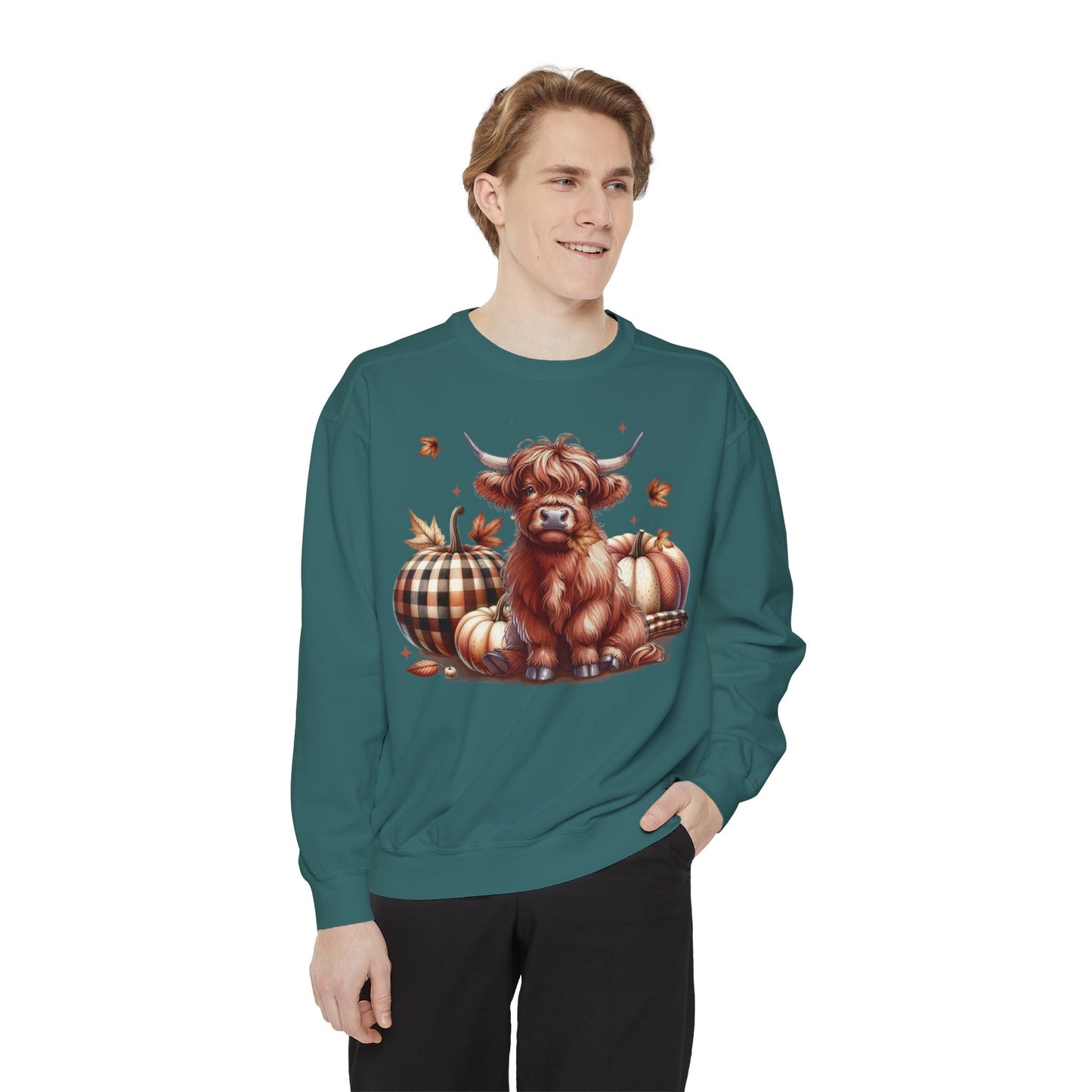 Autumn Highland Cow Charm Unisex Garment-Dyed Sweatshirt