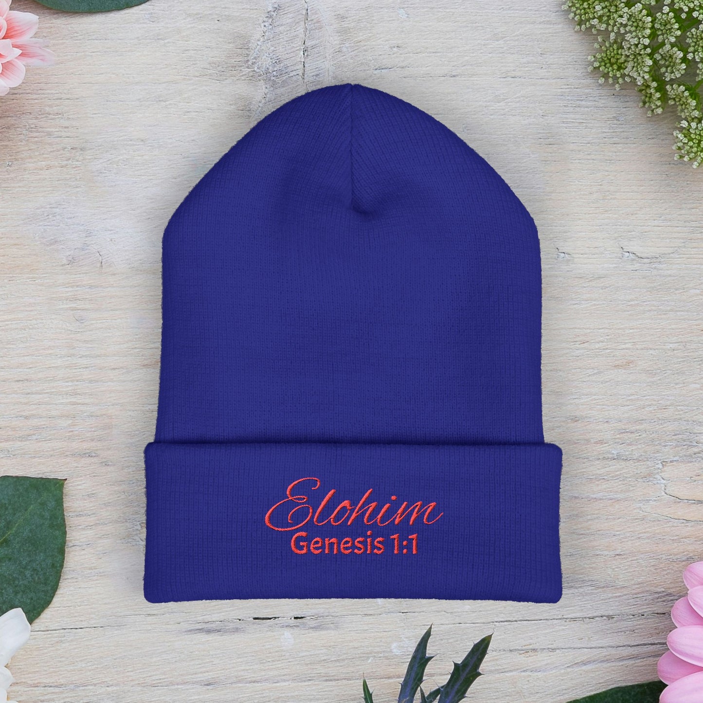 Red Embroidered 'ELOHIM, GENESIS 1:1' Classic Cuffed Beanie - Cozy Winter Hat, Streetwear Accessory, Personalized Gifts, Religious Apparel, Unisex Beanie
