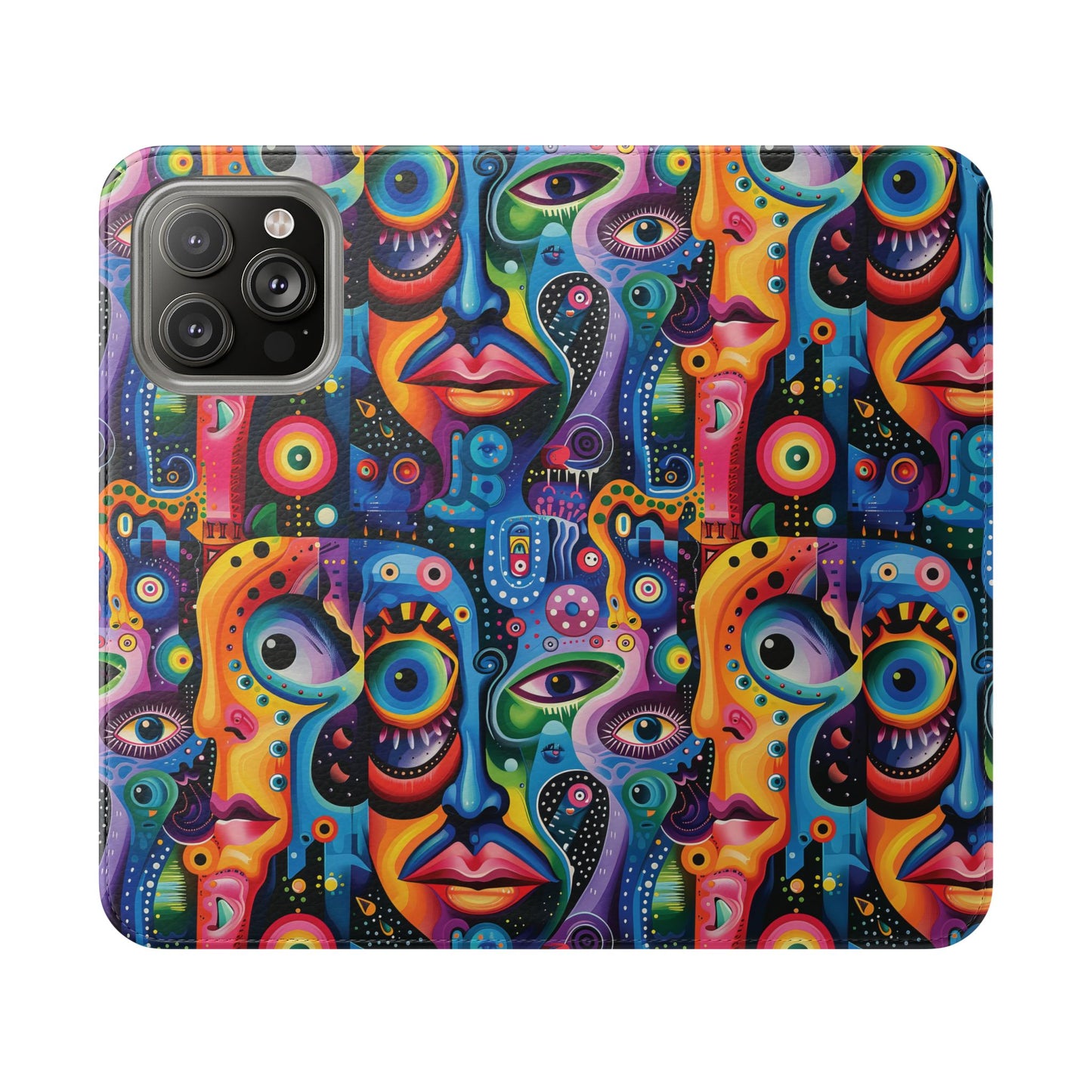 Psychedelic Visions Vibrant Art Flip iPhone and Samsung Phone Case - Colorful Faces Design for Phone Protection