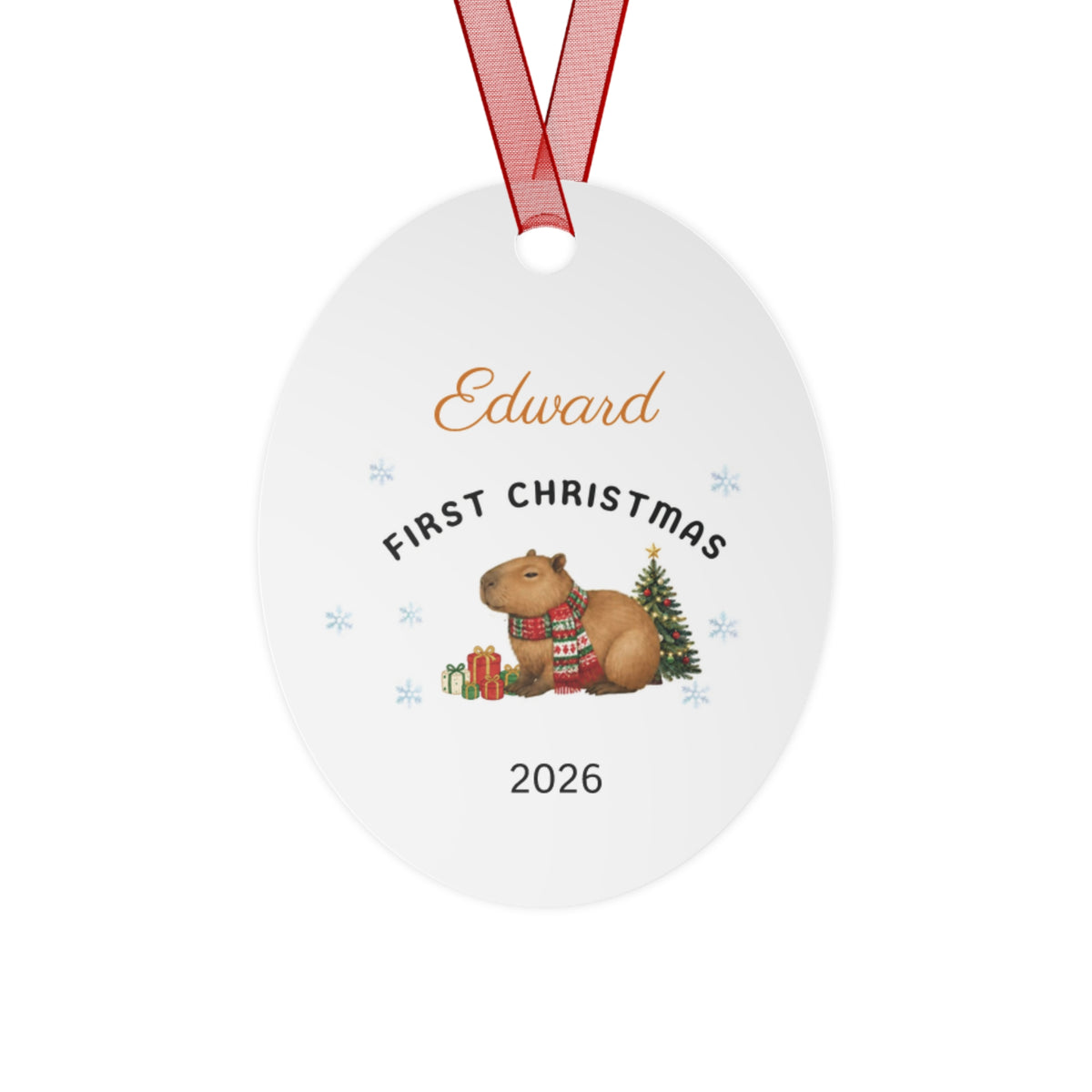 Personalized Capybara First Christmas Metal Ornament —2026 Holiday Keepsake
