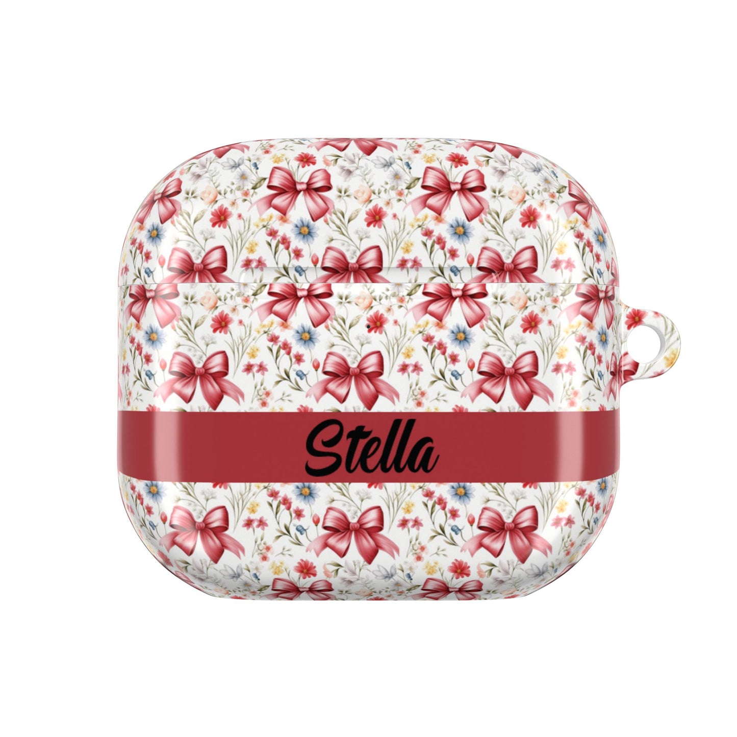 Personalized Rosette Coquette Floral AirPods Pro Gen 1, 2 and Airpods Gen 1, 2, 3, 4 Case — Red Bow Pattern with Custom Name Text.