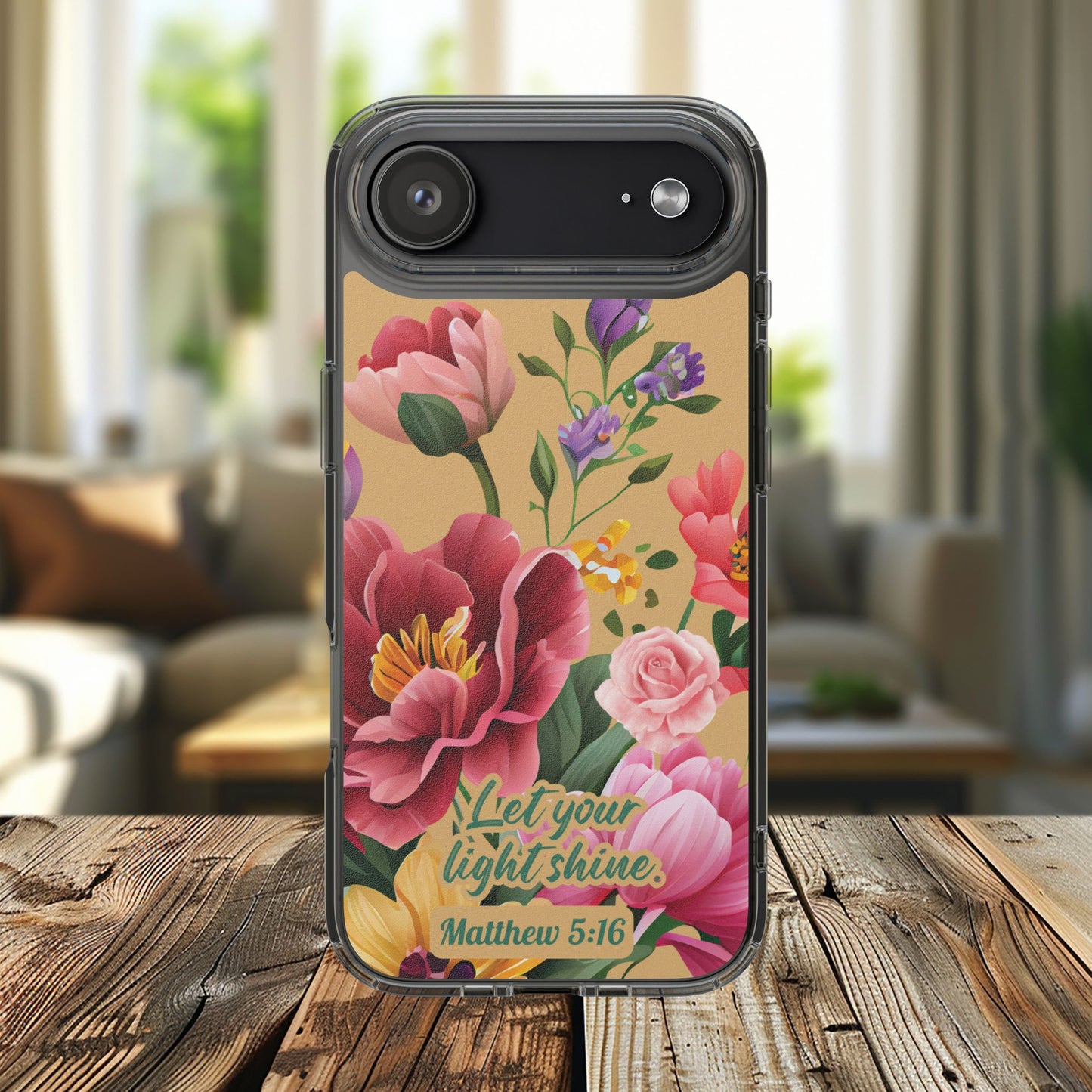 Clear Floral Bible Verse Phone Case — "Let Your Light Shine" (Matthew 5:16) for iPhone and Samsung Cases.