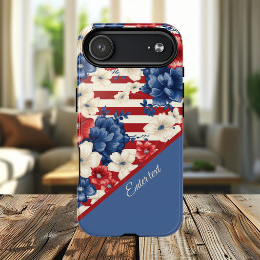 Personalized Stars, Stripes & Petals Tough Magnetic MagSafe Case, Patriotic Cover, Floral Design, Durable Protection, Gift for Her, Summer Vibes