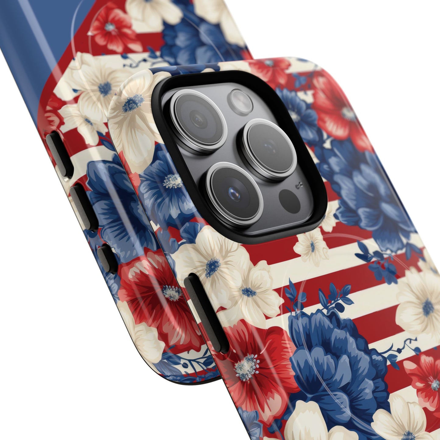 Personalized Stars, Stripes & Petals Tough Magnetic MagSafe Case, Patriotic Cover, Floral Design, Durable Protection, Gift for Her, Summer Vibes