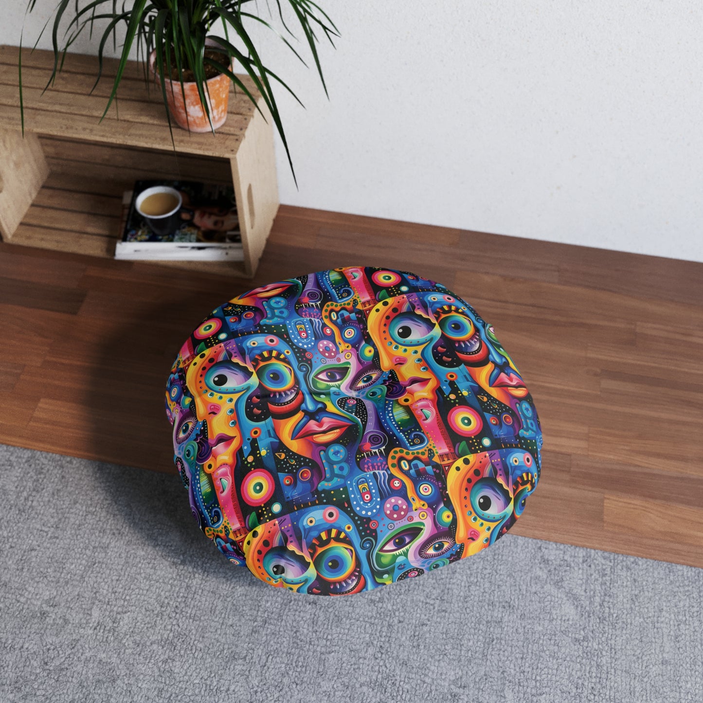 Psychedelic Visions Vibrant Faces Tufted Floor Pillow, Round | Boho Decor, Meditation Cushion, Funky Home Accent, Unique Gift, Pop Art Seating
