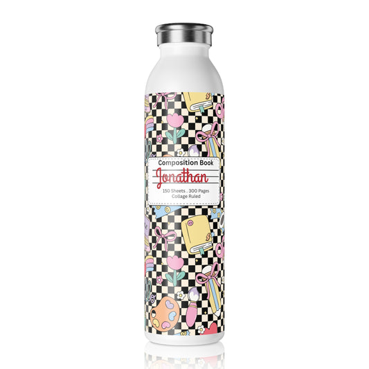 Personalized Composition Black Doodle Daydream Book Inspired Slim Water Bottle, Customizable Drinkware, Eco-Friendly Hydration Bottle, Perfect for Gifts, School Supplies, Back to School