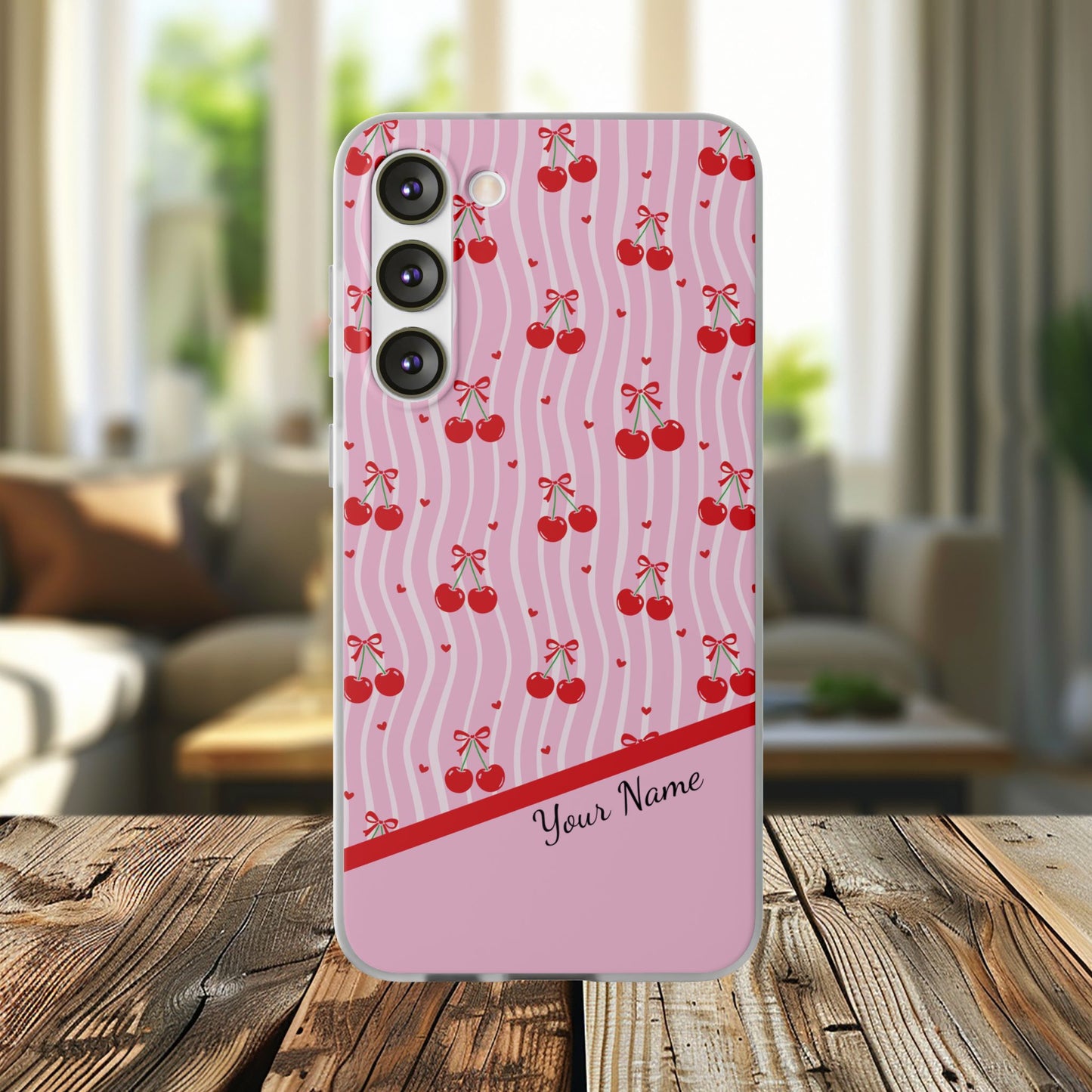 Personalized Cherry Blossom Dreams Flexi Case — Pink Retro Cherry iPhone® 7/8, 11, 12, 13, 14, 15, 16, 17, X/XS, SE, XR, Mini, Pro, Pro Max, Plus Cases.