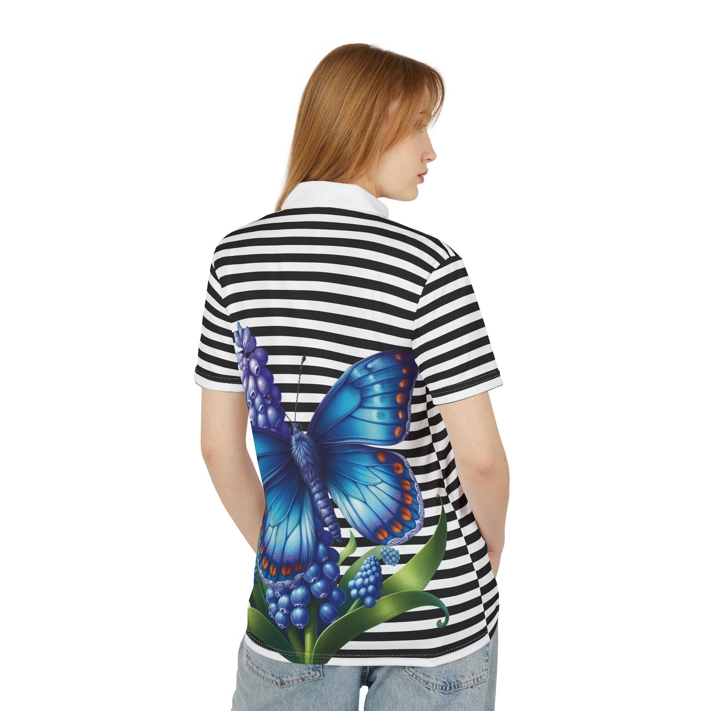 Elegant Floral Butterfly Striped Unisex Polo Shirt, Casualwear, Summer Fashion, Gift for Him/Her, Outdoor Activities, Everyday Style, Gift for Her and Gift for Him.