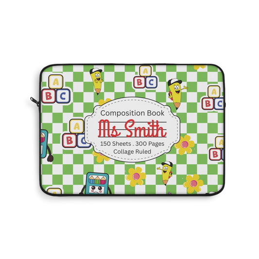 Personalized Green SchoolYard Chic Laptop Sleeve with Composition Book Inspired Design, Educational Gift for Teachers, Classroom Organization, Back to School, Unique Teacher Accessory