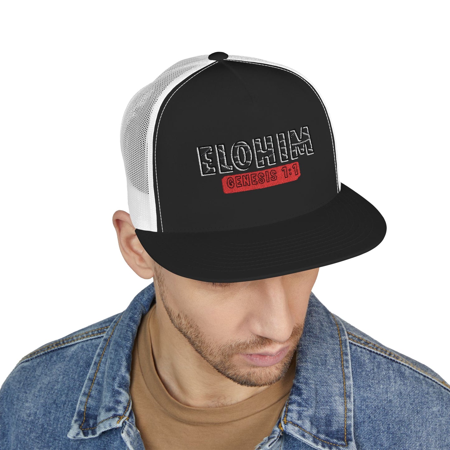 'ELOHIM, GENESIS 1:1'  Embroidered 5 Panel Trucker Cap | Casual Style Hat, Adjustable, Unisex, Perfect Gift for Outdoors, Festivals, Daily Wear
