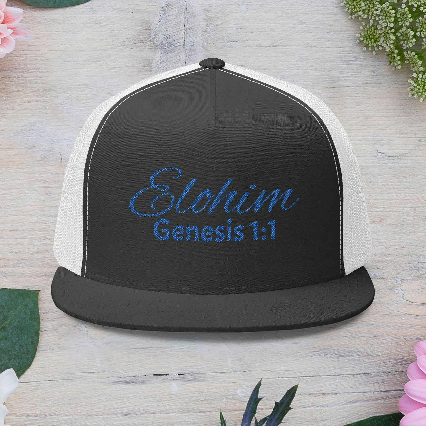 Navy 'ELOHIM, GENESIS 1:1'  Embroidered 5 Panel Trucker Cap | Casual Style Hat, Adjustable, Unisex, Perfect Gift for Outdoors, Festivals, Daily Wear
