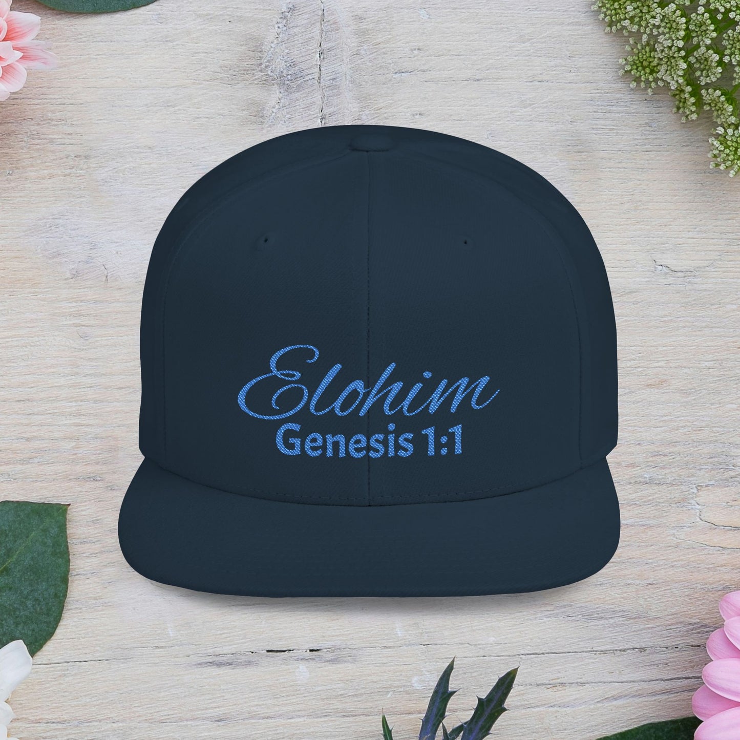 Blue Embroidery 'ELOHIM, GENESIS 1:1' Flat Bill Snapback Hat, Stylish Cap for Everyday Wear, Church Events, Gift for Him/Her, Streetwear Accessory, Casual Fashion