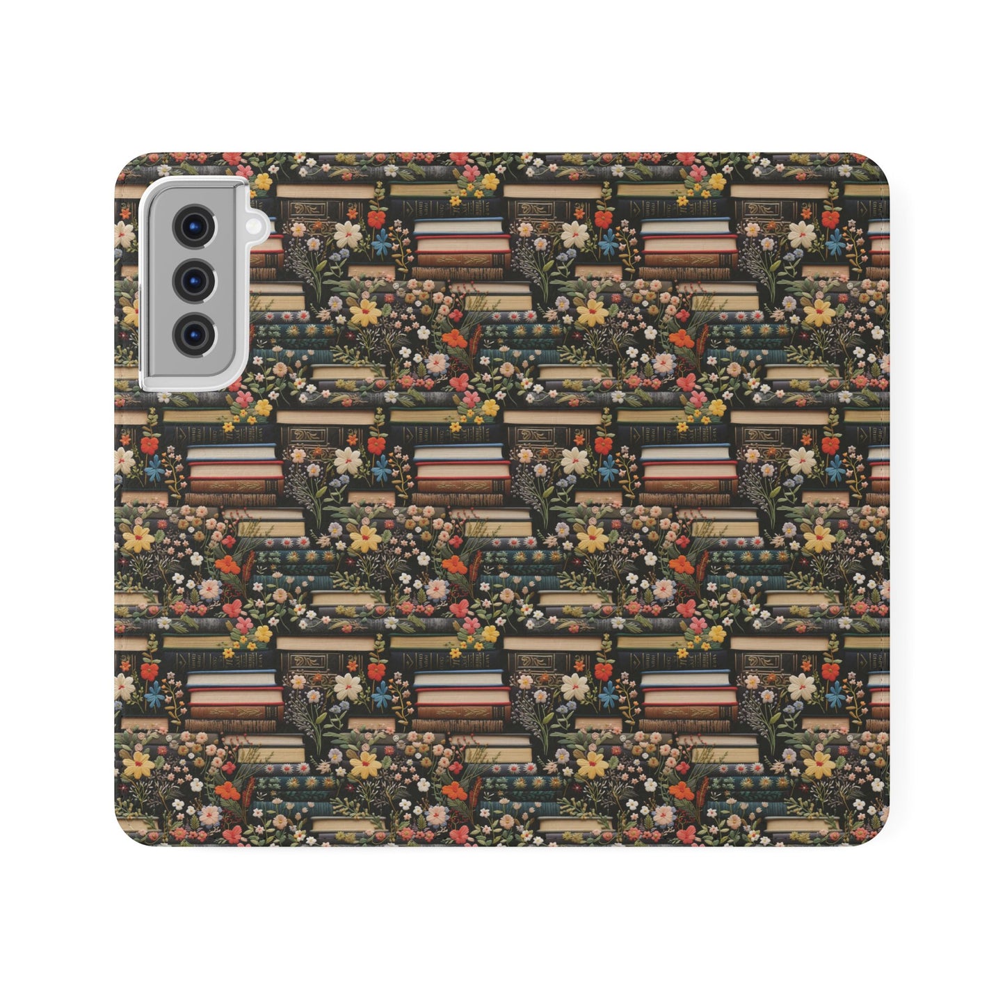 Book Stack Floral Flip iPhone and Samsung Phone Case — Vintage Library Wallet Cover.