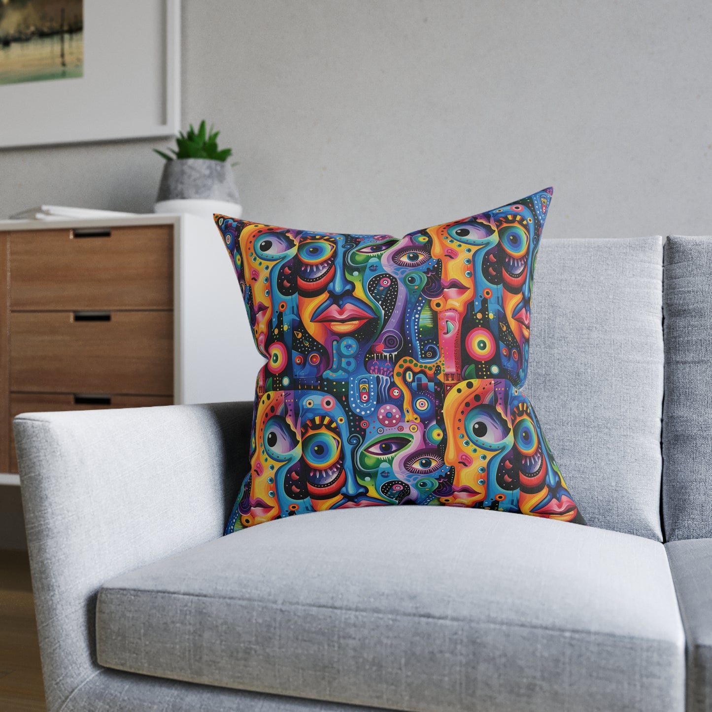 Psychedelic Visions Vibrant Art Square Pillow - Colorful Faces Design on Pink Back