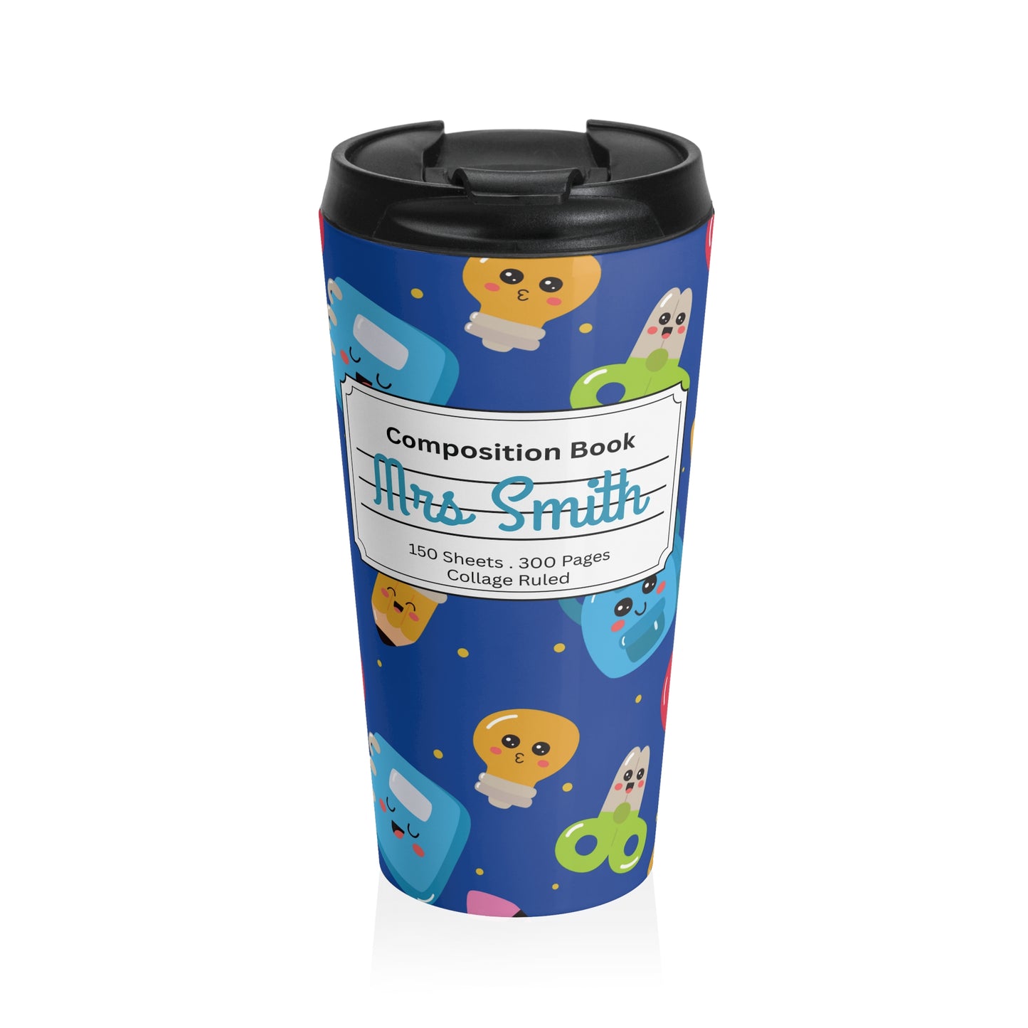 Customizable Blue Kawaii Composition Book Inspired Travel Mug, Personalized Gift for Teachers, Back to School Drinkware, Christmas Present, Stylish Coffee Cup