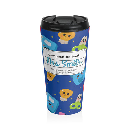 Customizable Blue Kawaii Composition Book Inspired Travel Mug, Personalized Gift for Teachers, Back to School Drinkware, Christmas Present, Stylish Coffee Cup