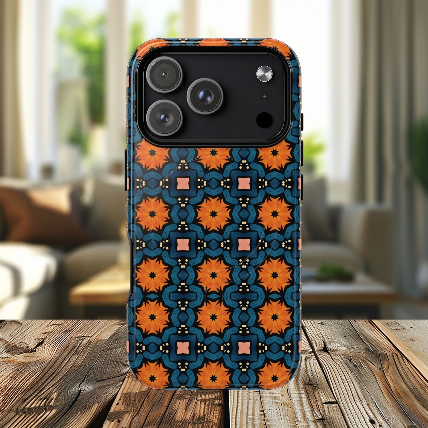 Saffron Tile Bloom Vibrant Floral Tough Magnetic iPhone Case, Durable iPhone Cover, Gift for Her, Floral Design, Unique iPhone Protection.