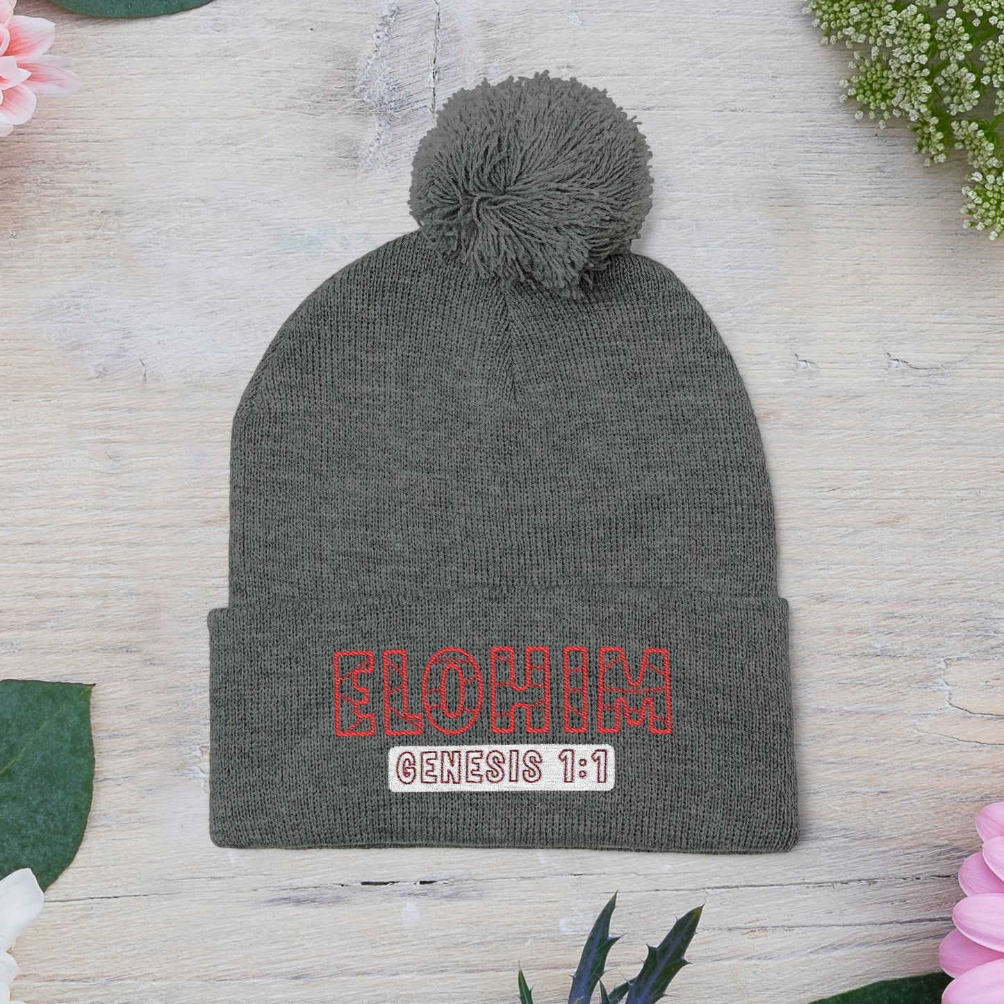 Red Pom-Pom Knit Cap with 'ELOHIM, GENESIS 1:1'  Embroidery Beanie - Stylish Winter Accessory for All Ages, Perfect Gift for Birthdays, Holidays, and Outdoor Activities