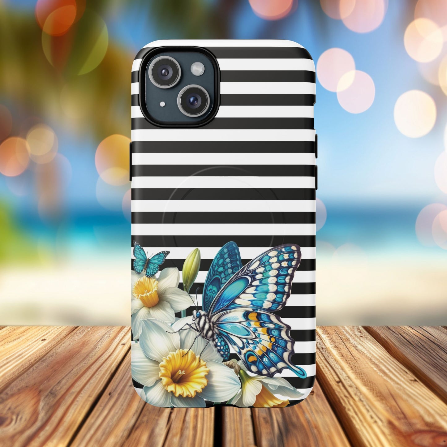Daffodil Flutter Tough iPhone Magnetic Case, Floral iPhone Accessories, Stylish iPhone Cover, Black Striped Design, Gift for Her, Trendy iPhone