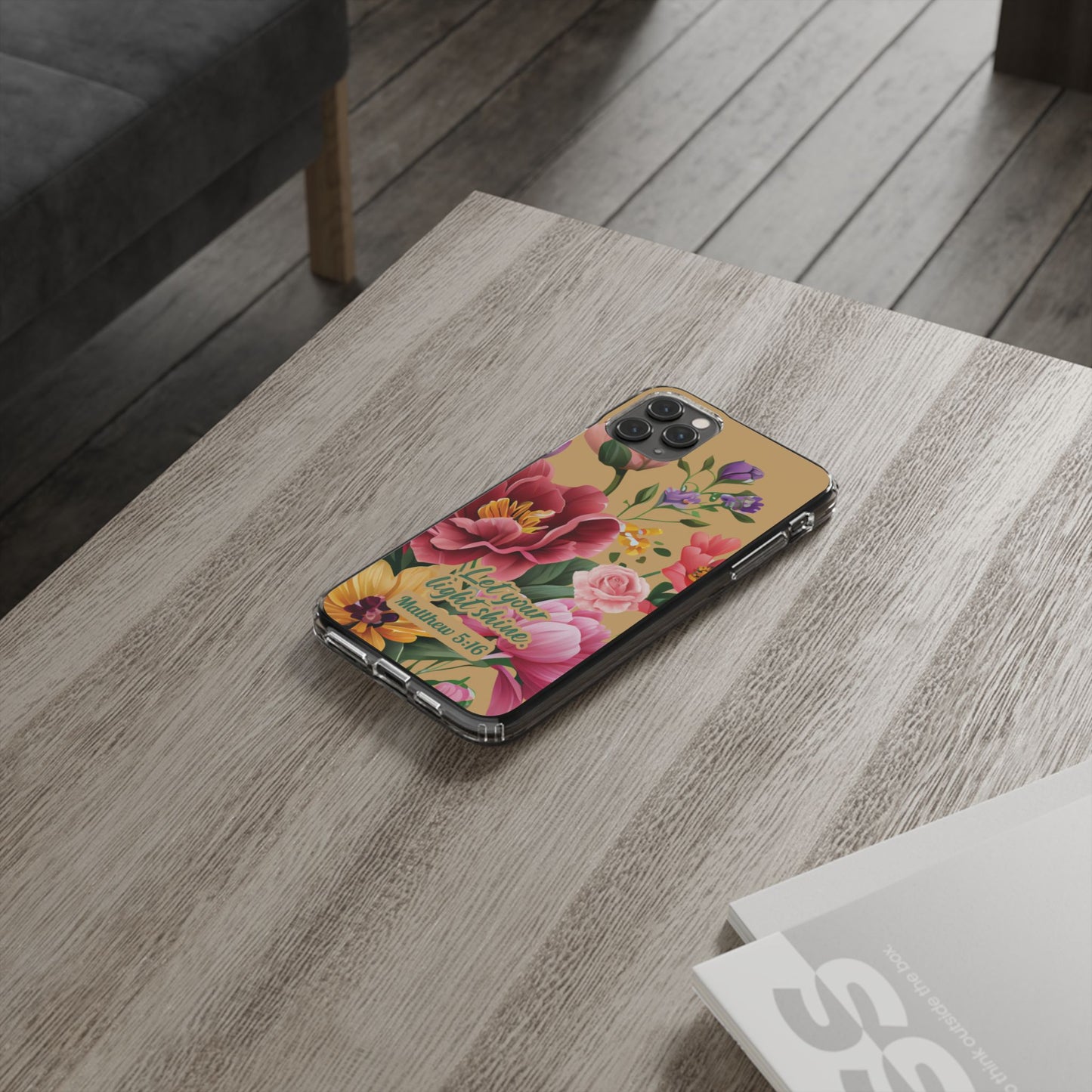 Clear Floral Bible Verse Phone Case — "Let Your Light Shine" (Matthew 5:16) for iPhone and Samsung Cases.