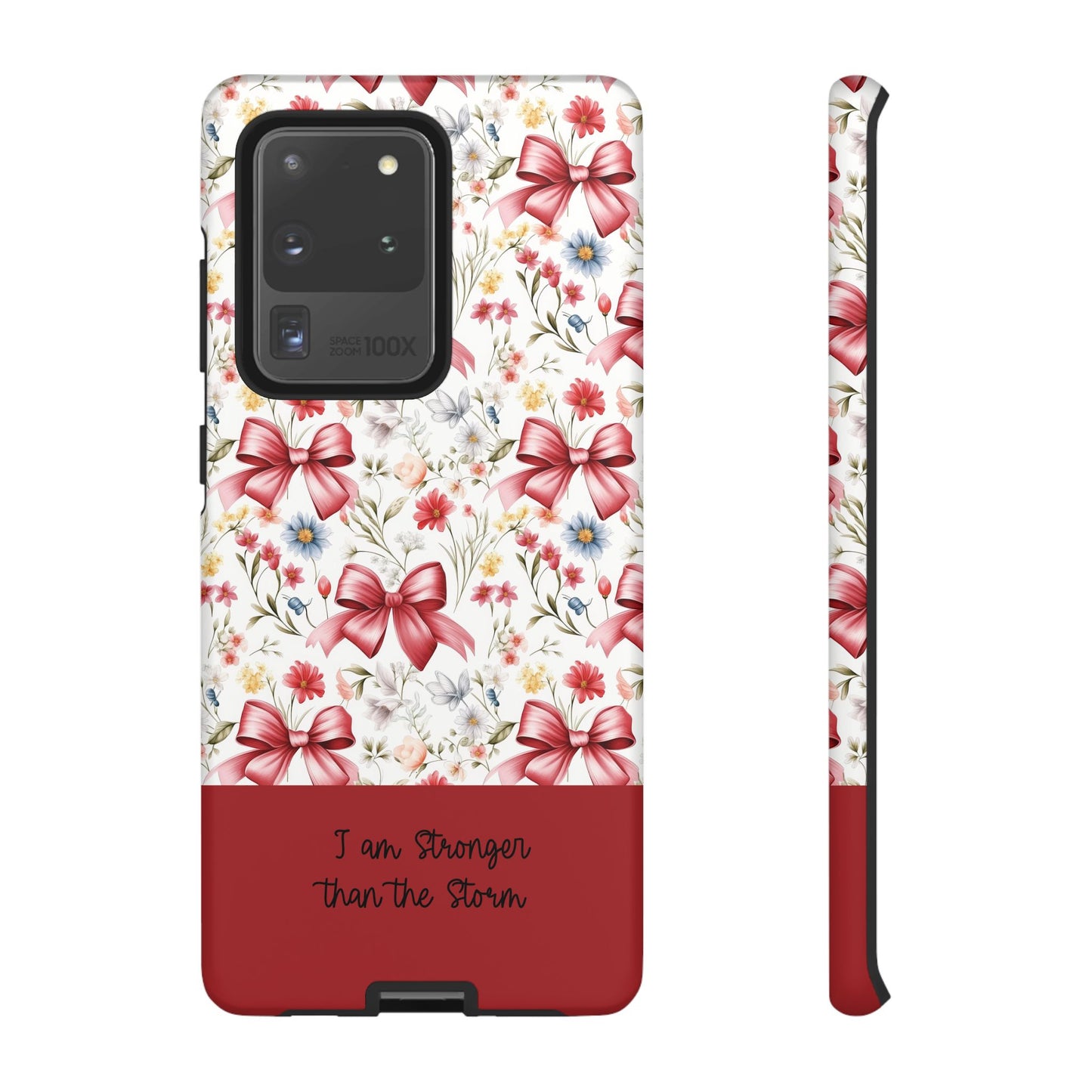 Personalized Rosette Coquette Phone Case - Custom Name/Message 'I Am Stronger Than The Storm' Floral Bow Protective Case