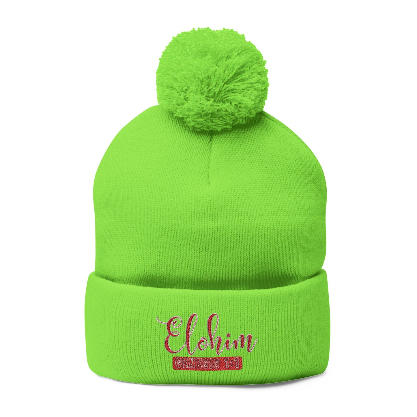 Red Pom-Pom Knit Cap with 'ELOHIM, GENESIS 1:1'  Embroidery Beanie - Stylish Winter Accessory for All Ages, Perfect Gift for Birthdays, Holidays, and Outdoor Activities