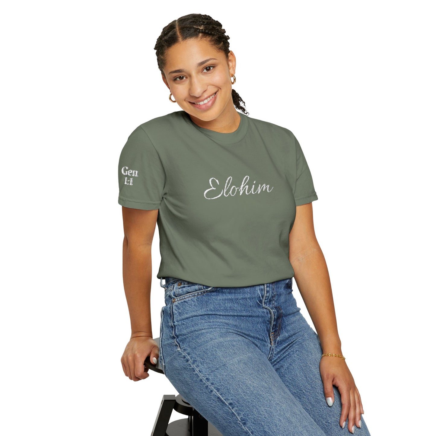 Embroidery 'ELOHIM, GENESIS 1:1' - Faith-Based Unisex Garment-Dyed Comfort Colors T-shirt, Faith Gift Tee, Religious Tee, Embroidery Tee.